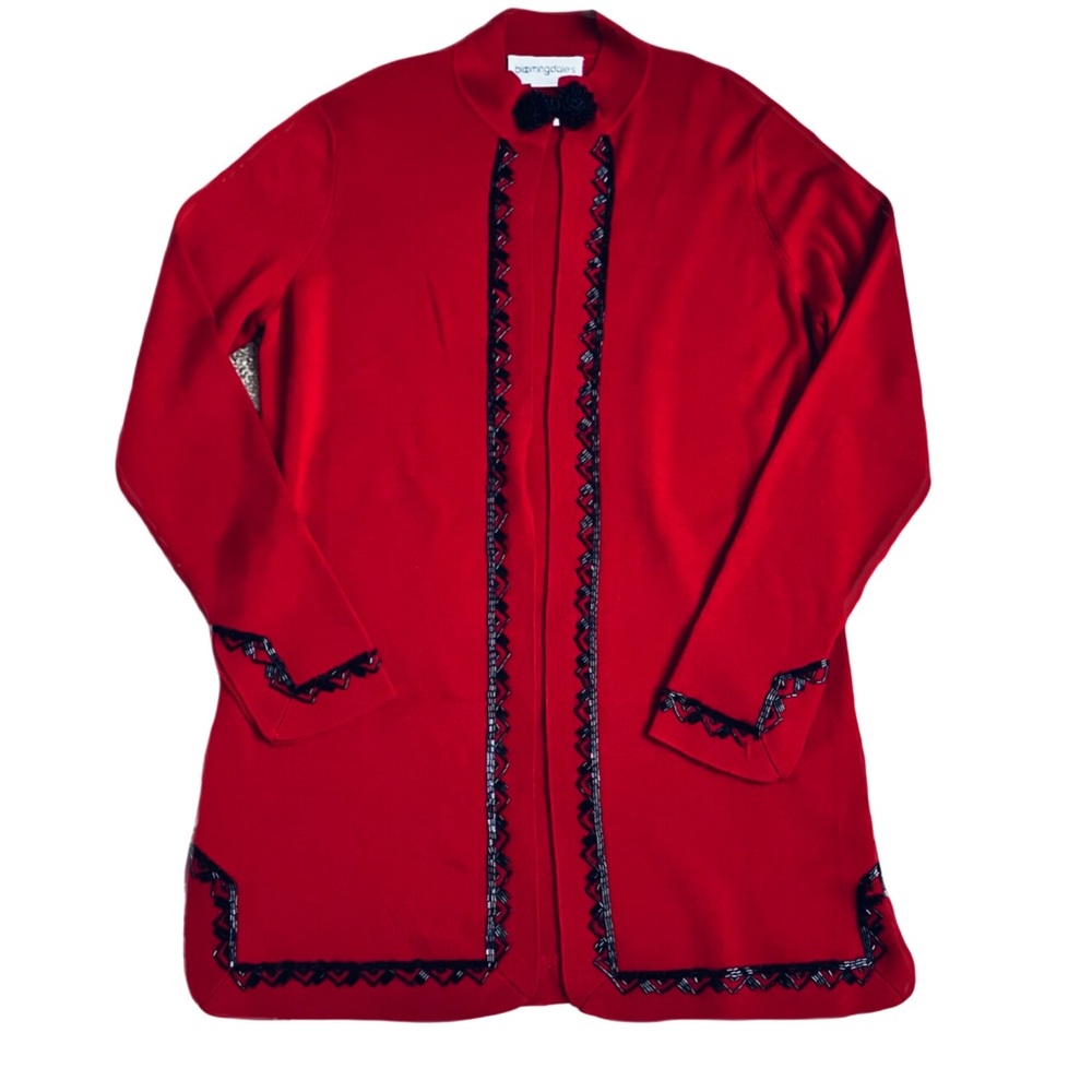 Bloomingdale’s Red Wool Cardigan w/ Black Beaded Trim Detail, Sz. M, Wool